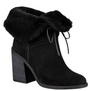 Ugg Australia Jerene Black Suede Leather Shearling Block Heel Ankle Boots Bootie